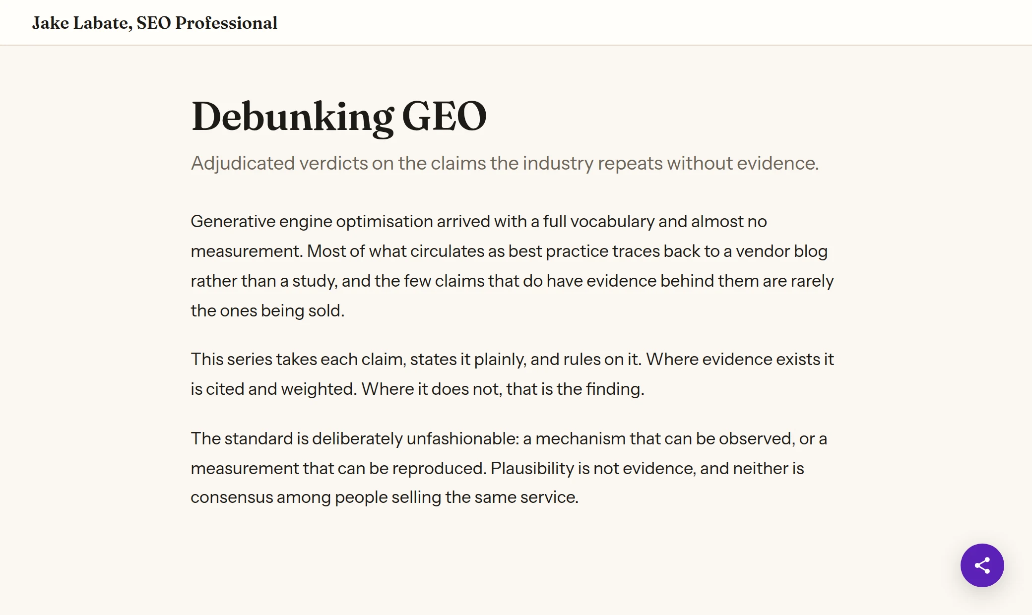 An article page with a single round share button resting in the bottom right corner.